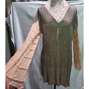 Vintage Style Beaded Tunic Silk Metallic V-Neck Keyhole Ruffle Sleeve Beach Sz M